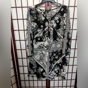 (S33) 3X Roz & Ali Black & White Boho Half Button Loose Sleeve Tunic/Dress EUC